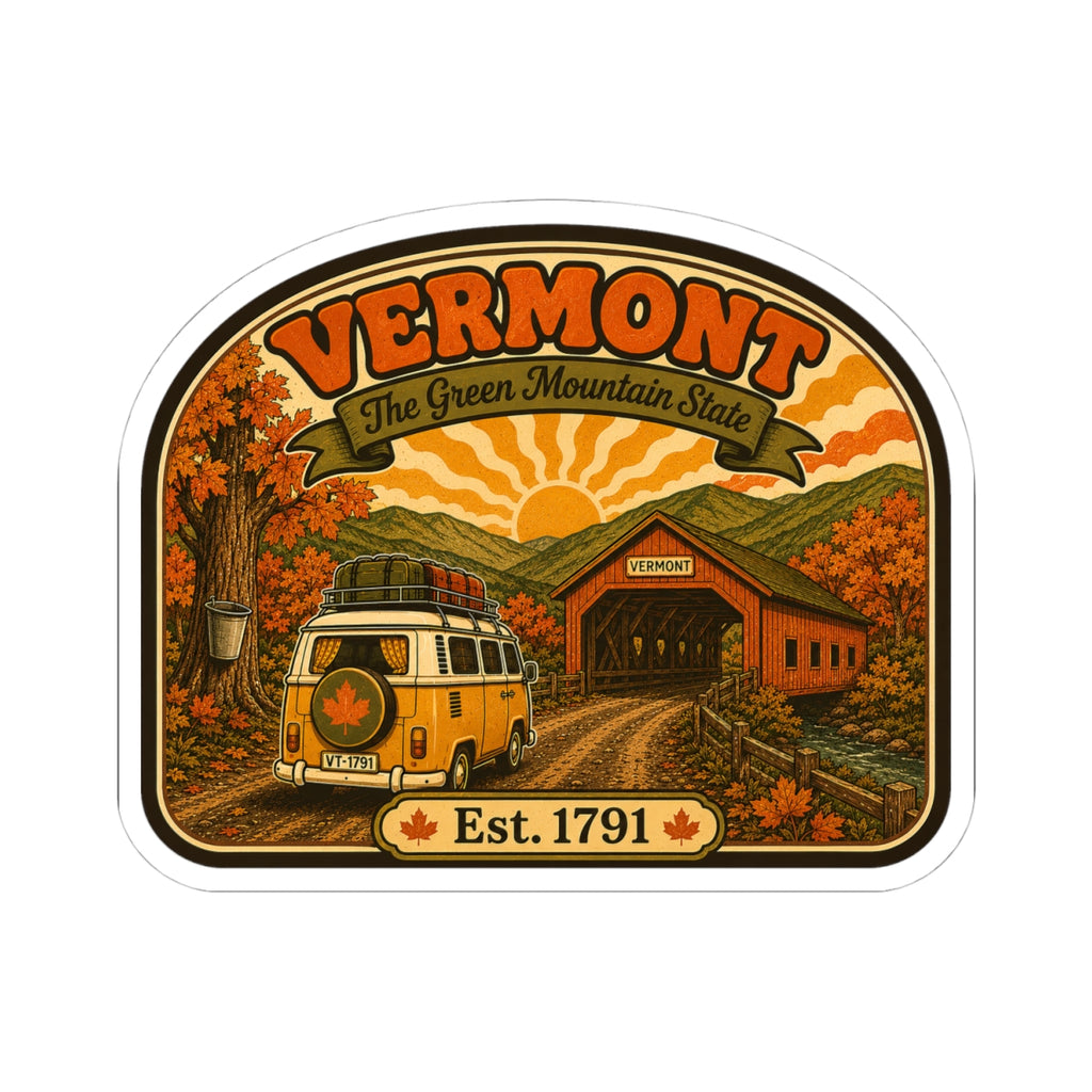 Vermont travel decal sticker with van and covered bridge in autumn, arched design
