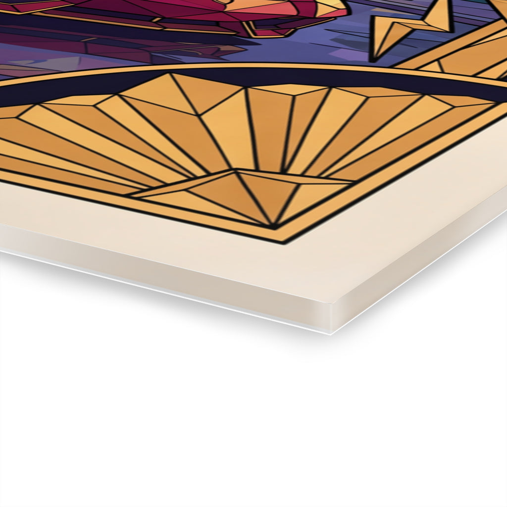 Framed acrylic wall art close-up of purple and gold geometric lines
