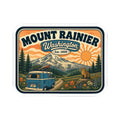Rectangular Mount Rainier sticker with camper van, bear, wildflowers, pine trees, sun