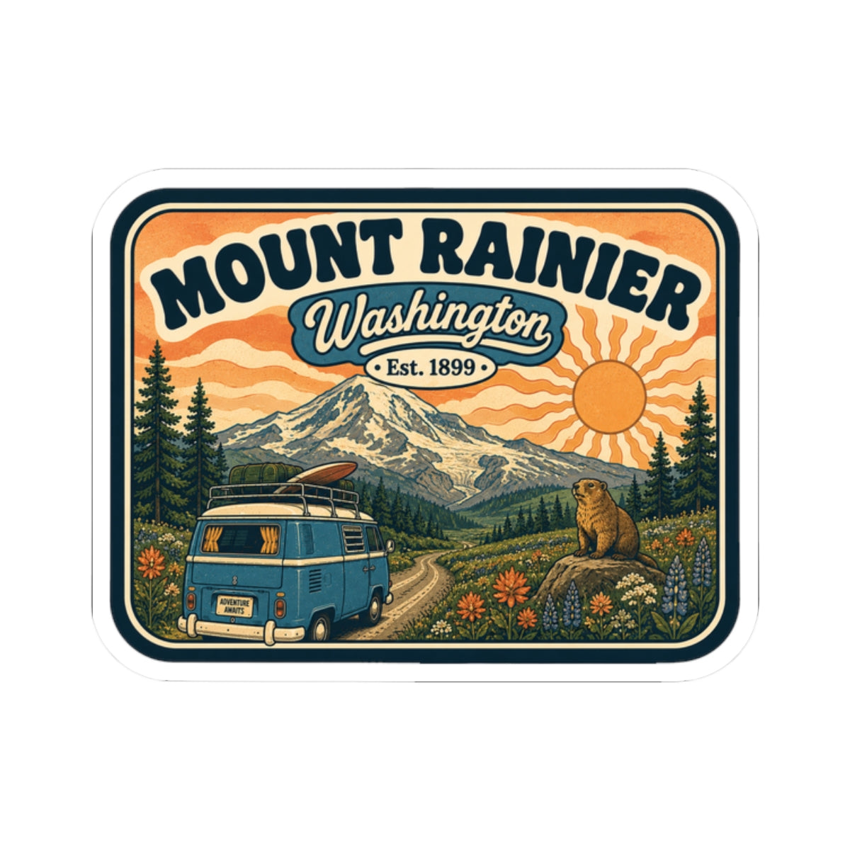 Rectangular Mount Rainier sticker with camper van, bear, wildflowers, pine trees, sun