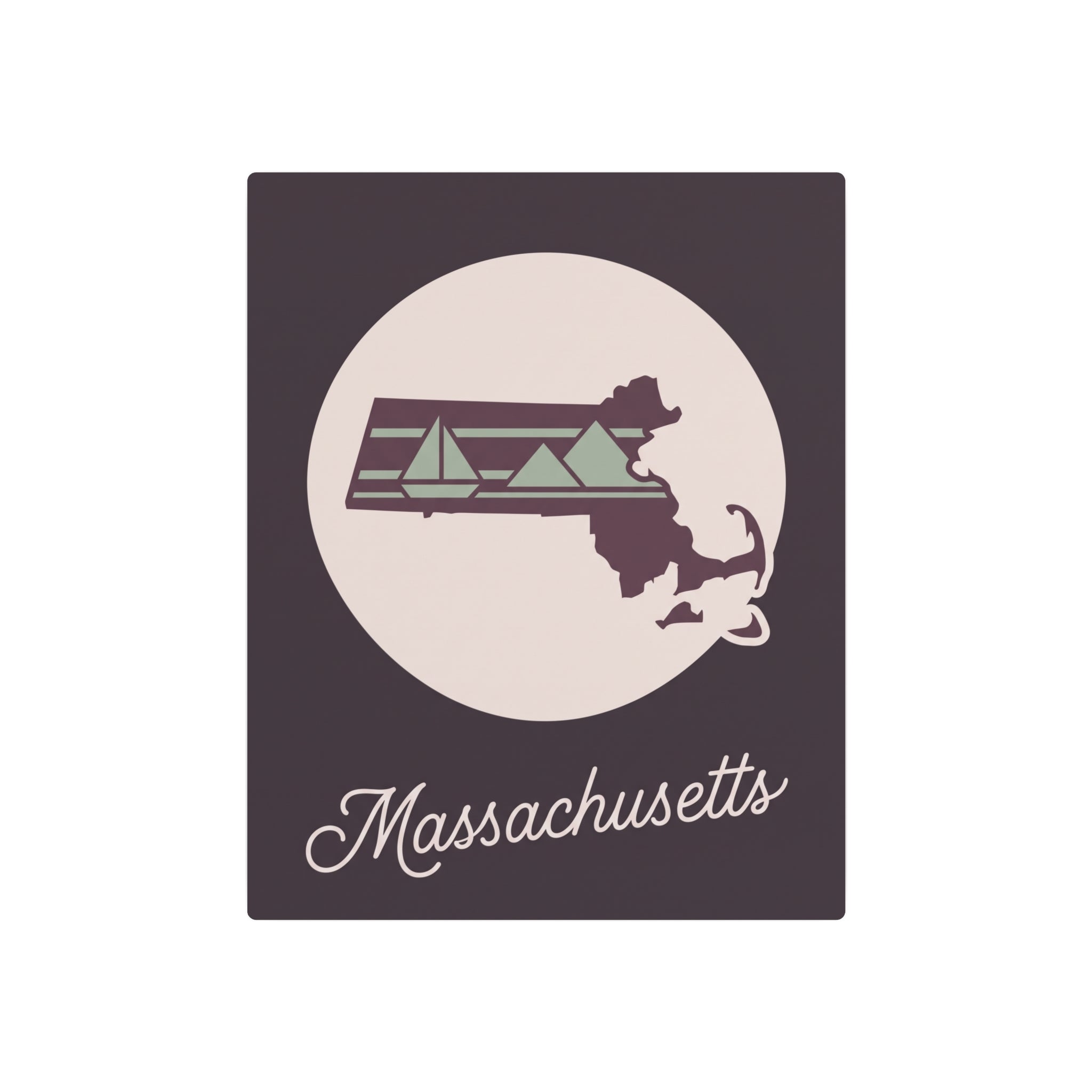 Framed Massachusetts metal wall art sign with circular emblem and cursive Massachusetts lettering