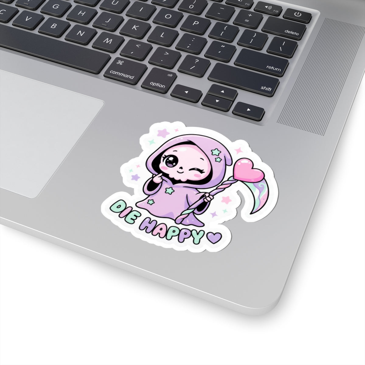 Die Happy kiss-cut sticker featuring a cute purple grim reaper holding a pink heart