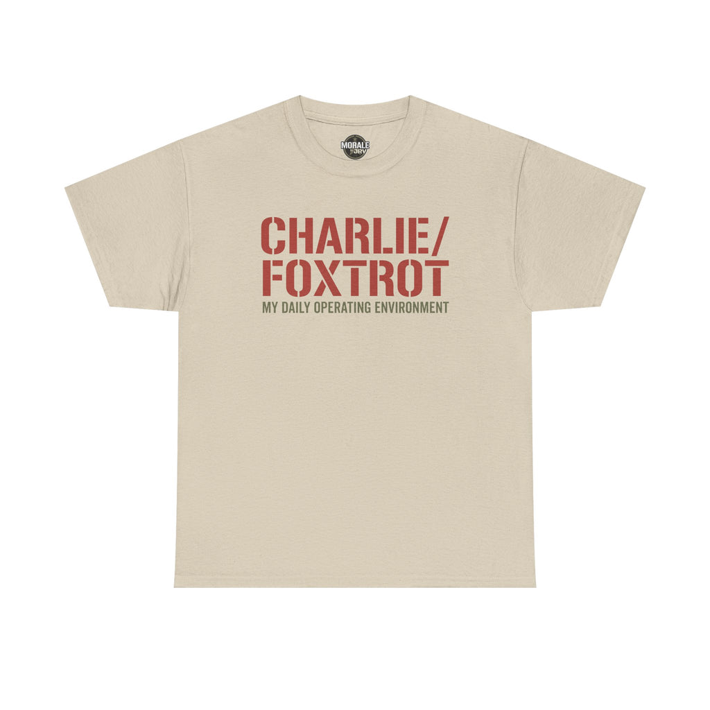 Beige T-shirt with “CHARLIE/FOXTROT” slogan and “MY DAILY OPERATING ENVIRONMENT” print