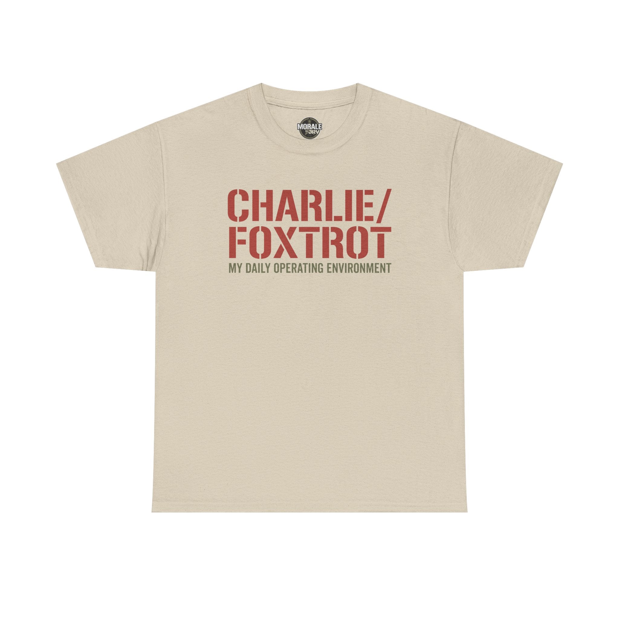 Beige T-shirt with “CHARLIE/FOXTROT” slogan and “MY DAILY OPERATING ENVIRONMENT” print