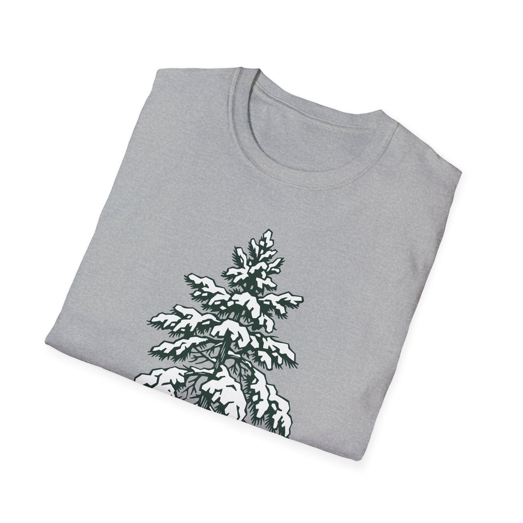 Sport grey t-shirt with snowy pine tree nature graphic on the front