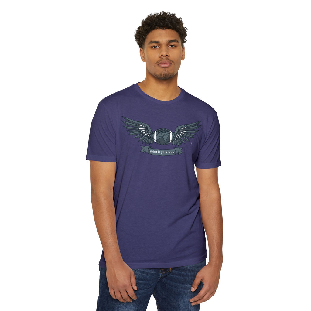 Purple custom t-shirt with winged camera emblem graphic on chest.