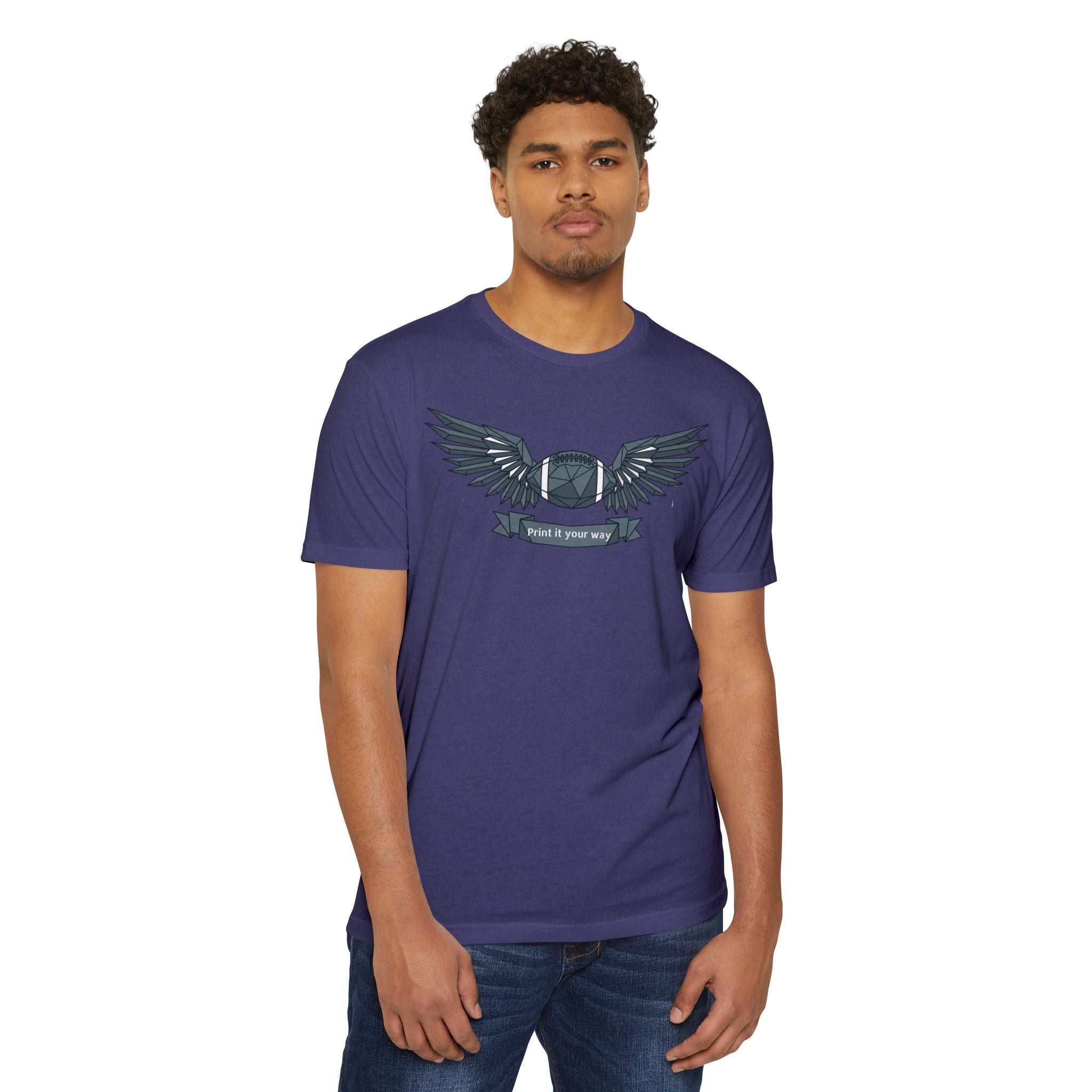 Purple custom t-shirt with winged camera emblem graphic on chest.