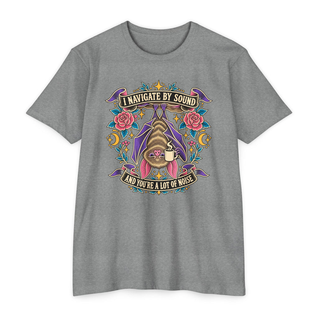 Heather gray crew-neck T-shirt with colorful bat and floral graphic at center chest
