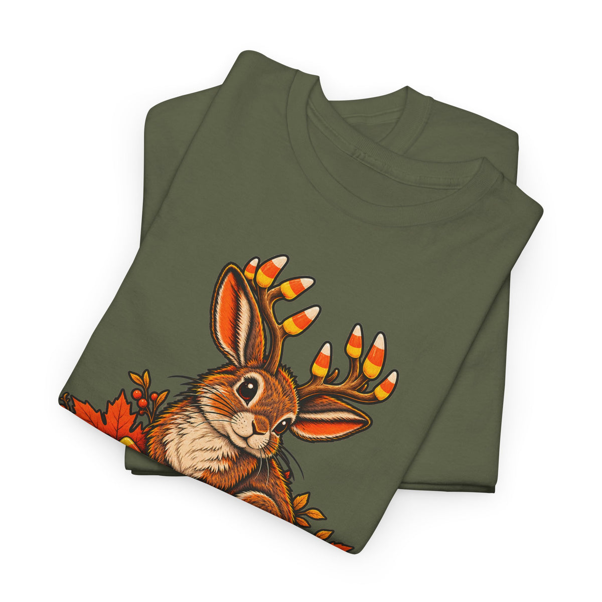 Deep green crewneck T-shirt with jackalope face and candy corn antlers graphic