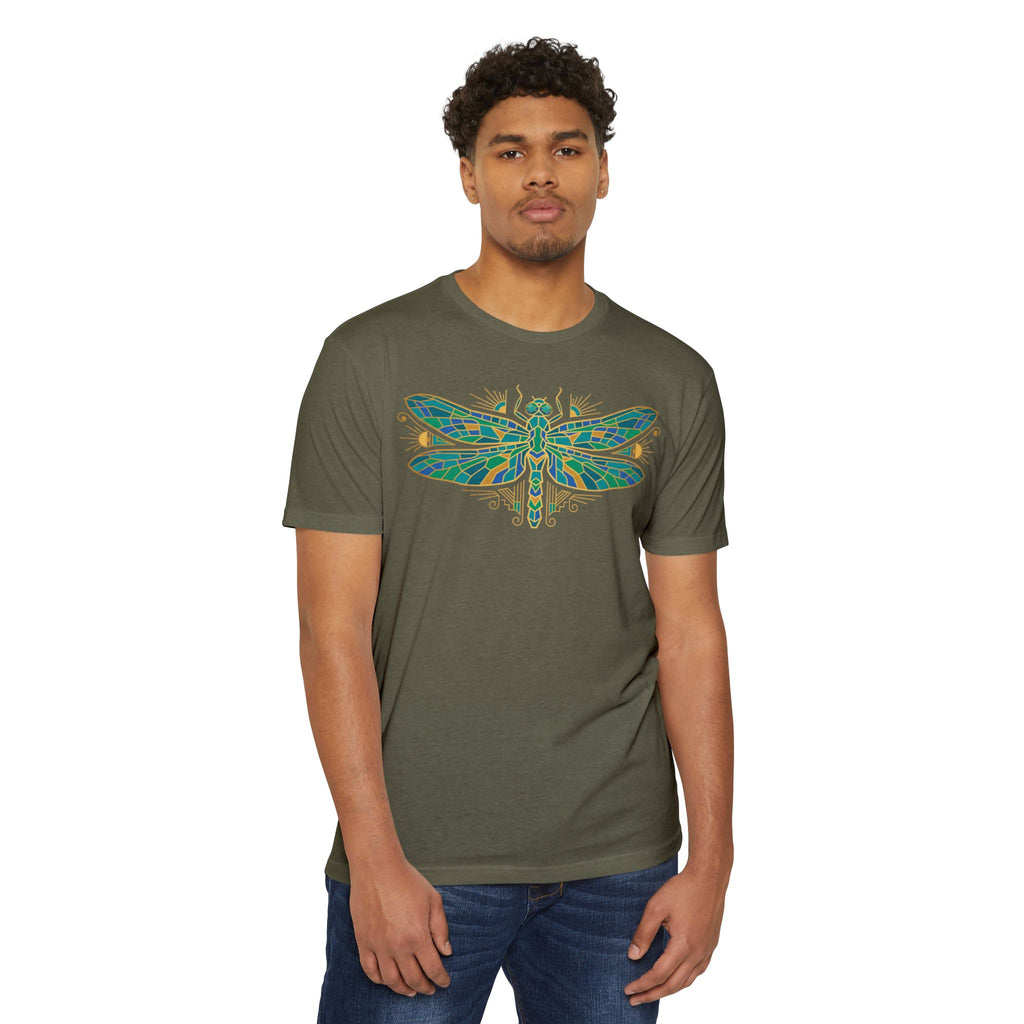 Olive dragonfly mosaic graphic T-shirt, short-sleeve crewneck