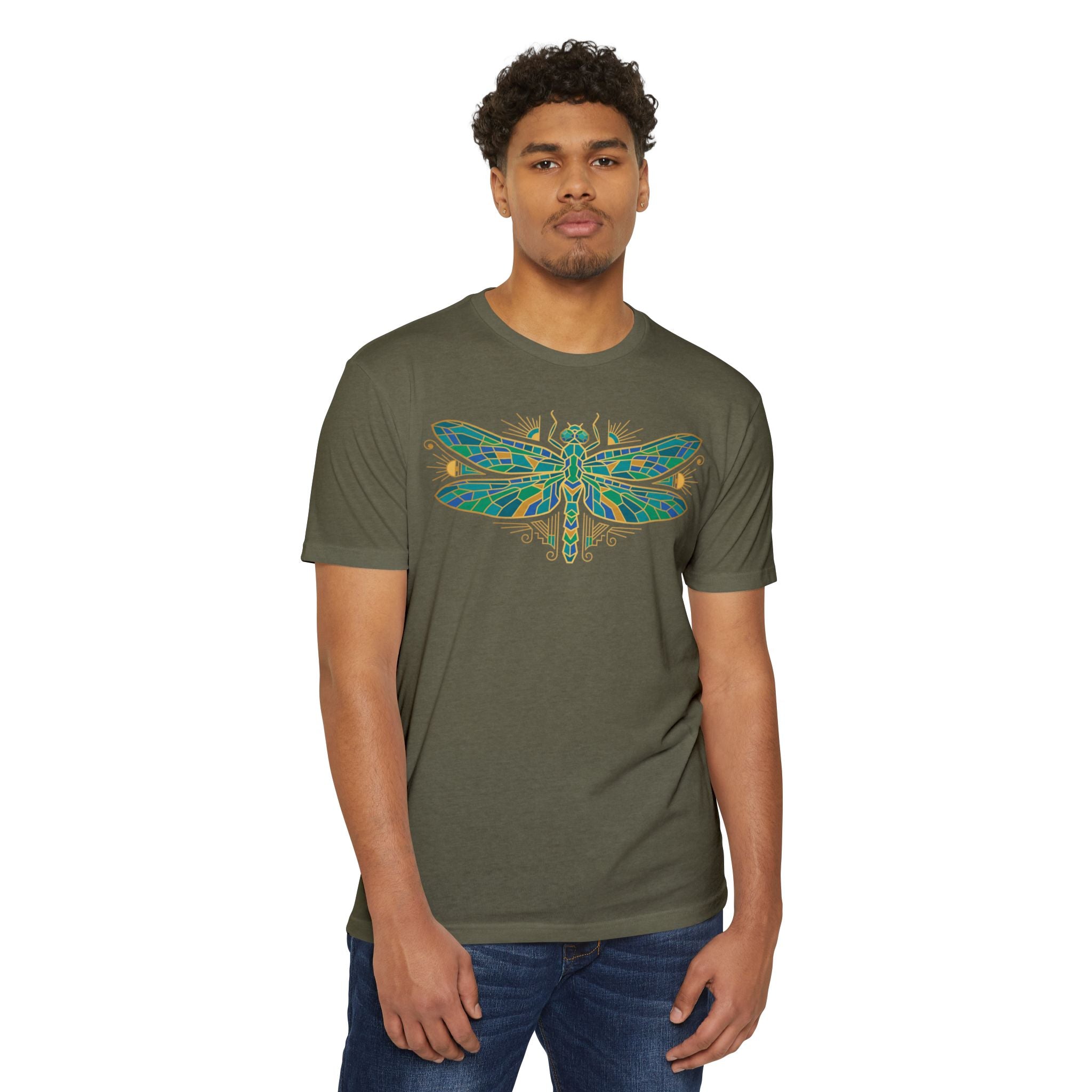 Olive dragonfly mosaic graphic T-shirt, short-sleeve crewneck