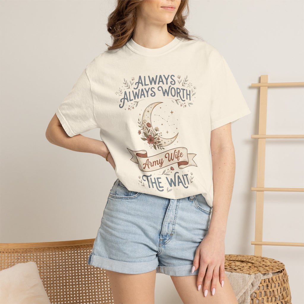 Ivory T-shirt with moon graphic and 'Always Worth the Wait' slogan