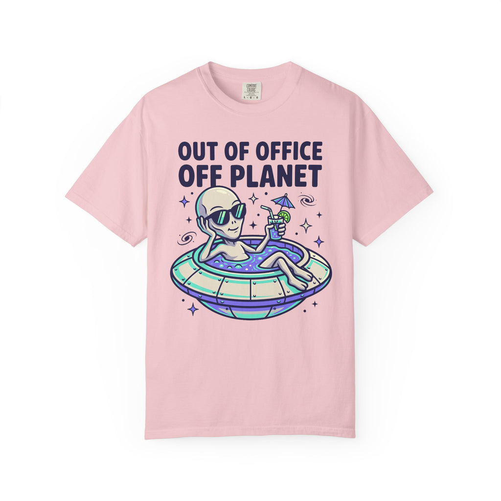 Light pink alien graphic T-shirt with floatie and 'OUT OF OFFICE OFF PLANET' text