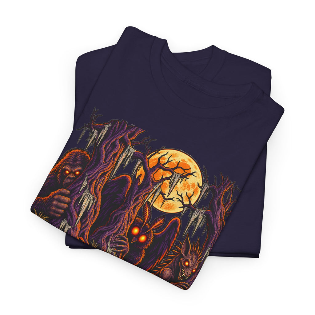Purple Halloween graphic t-shirt with monster face and orange moon front print