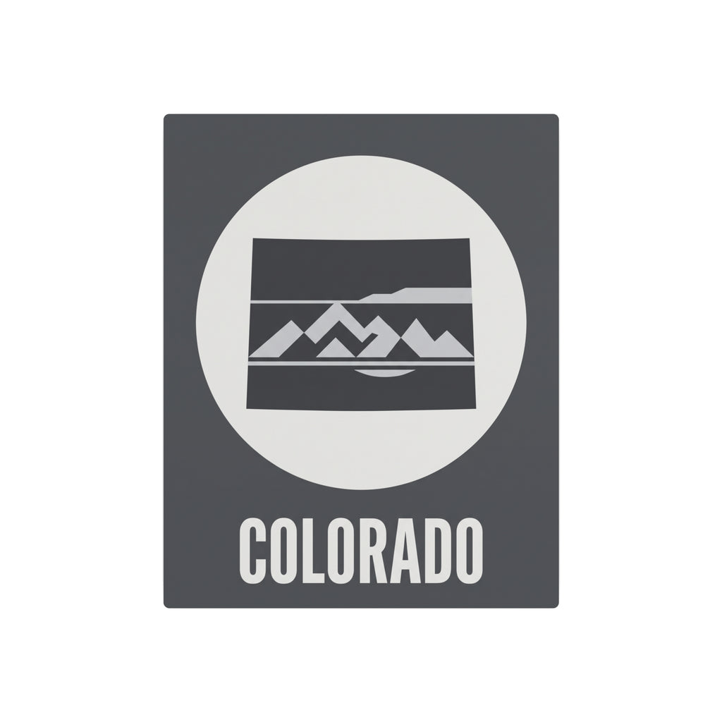 Colorado metal wall art sign with oval landscape and 'COLORADO' text, dark gray square
