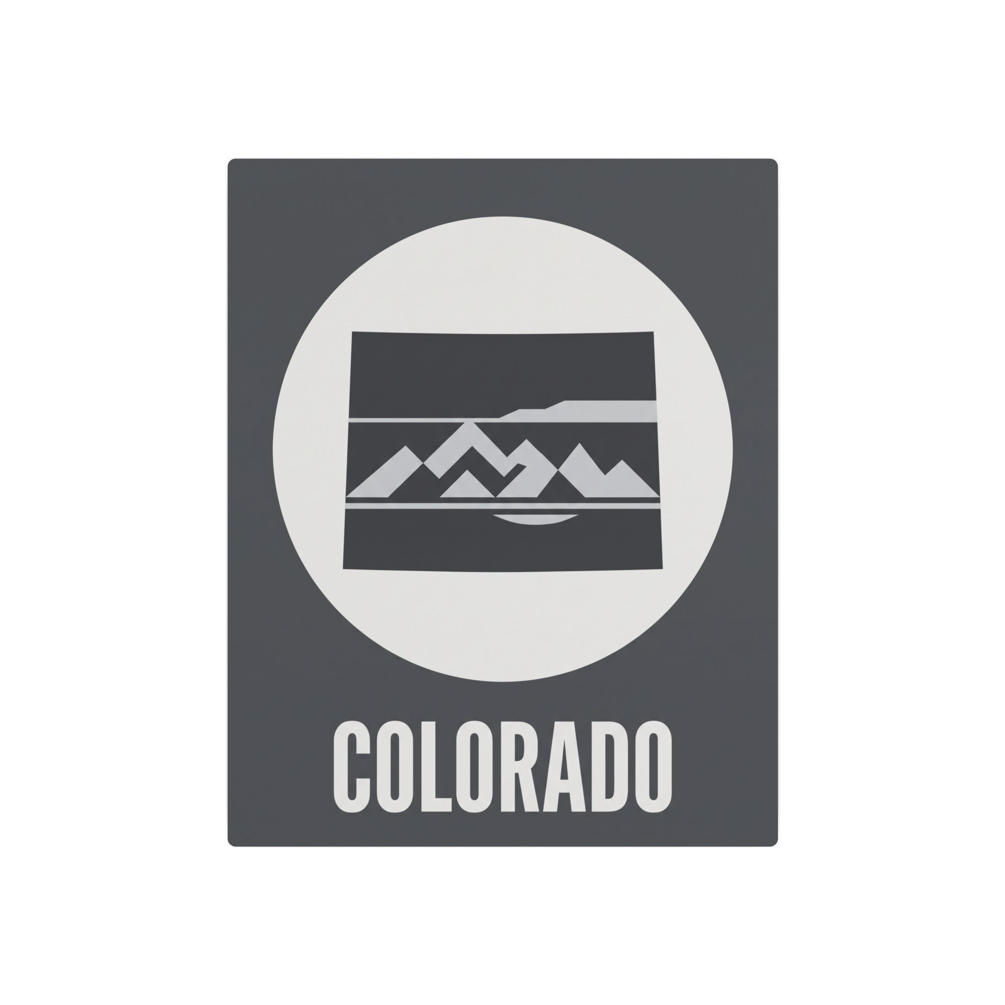 Colorado metal wall art sign with oval landscape and 'COLORADO' text, dark gray square
