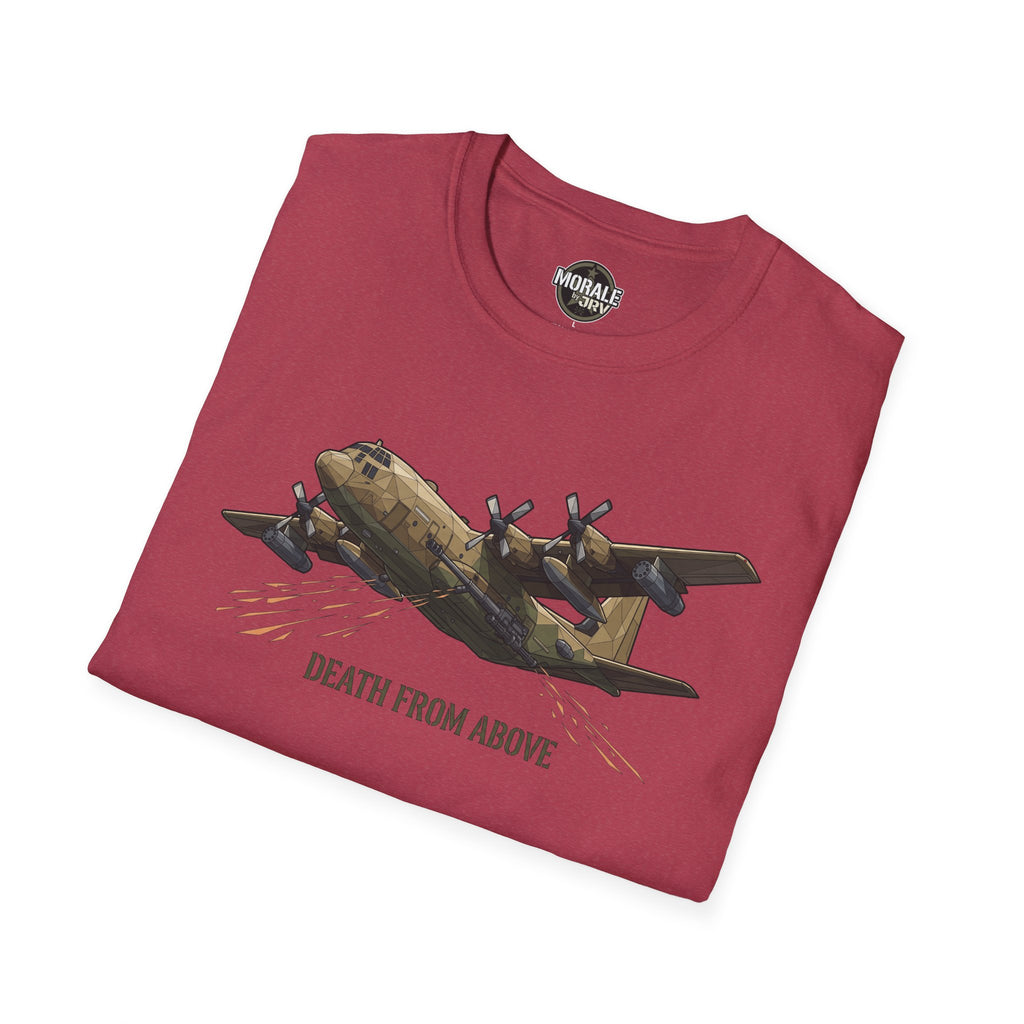 C-130 Cargo Plane T-Shirt, Frontgrafik des Transportflugzeugs mit Text 'DEATH FROM ABOVE'