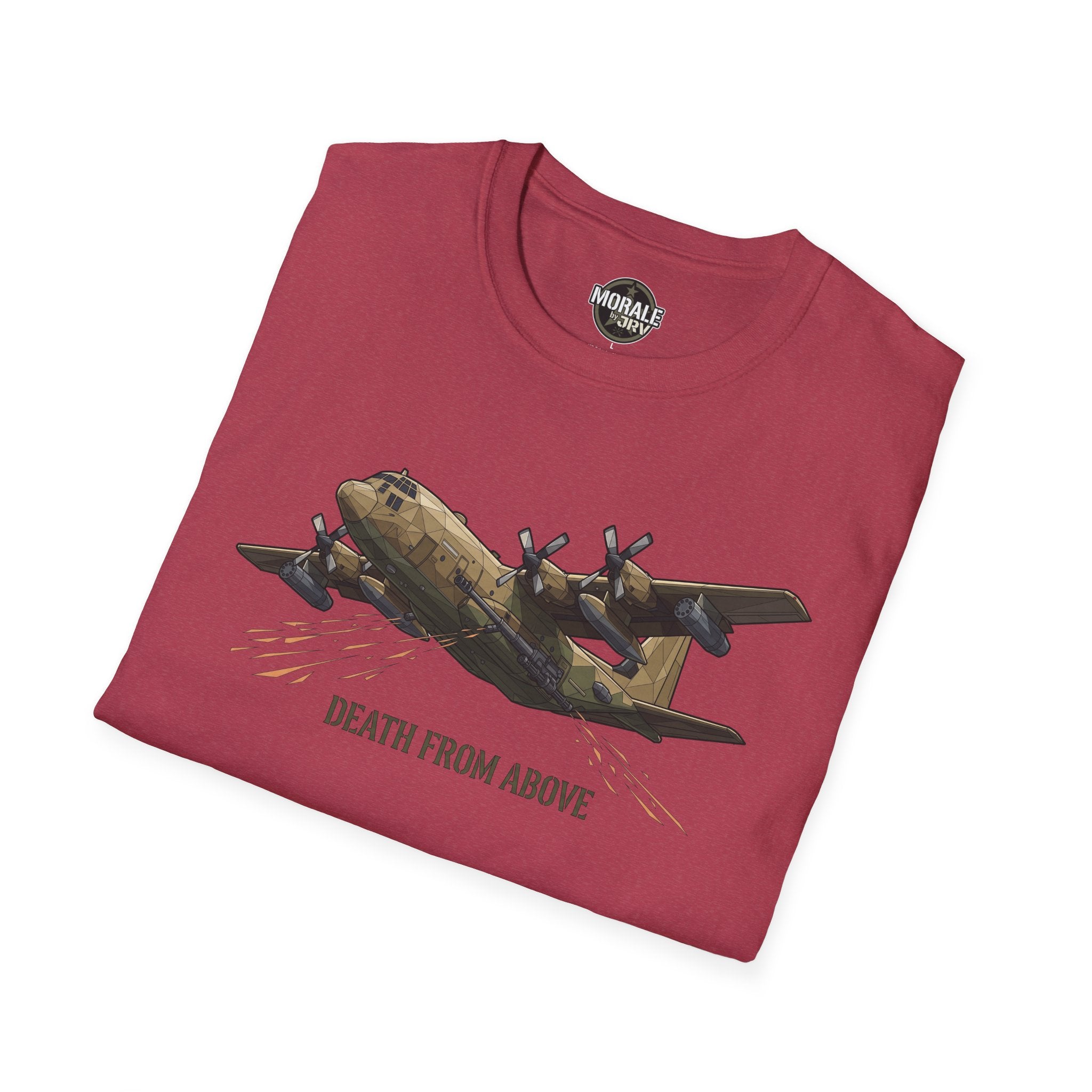 C-130 Cargo Plane T-Shirt, Frontgrafik des Transportflugzeugs mit Text 'DEATH FROM ABOVE'