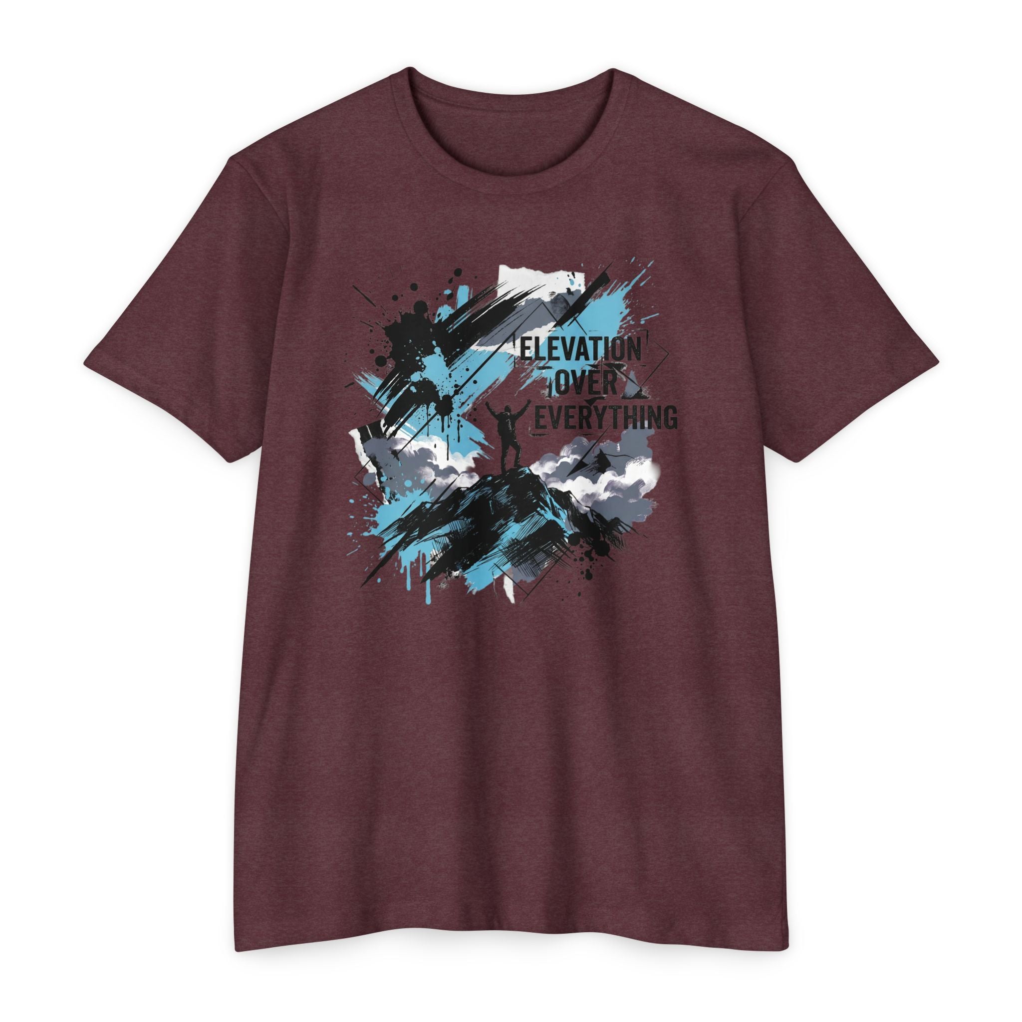Dark brown unisex graphic T-shirt with mountain silhouette and colorful splatter text print