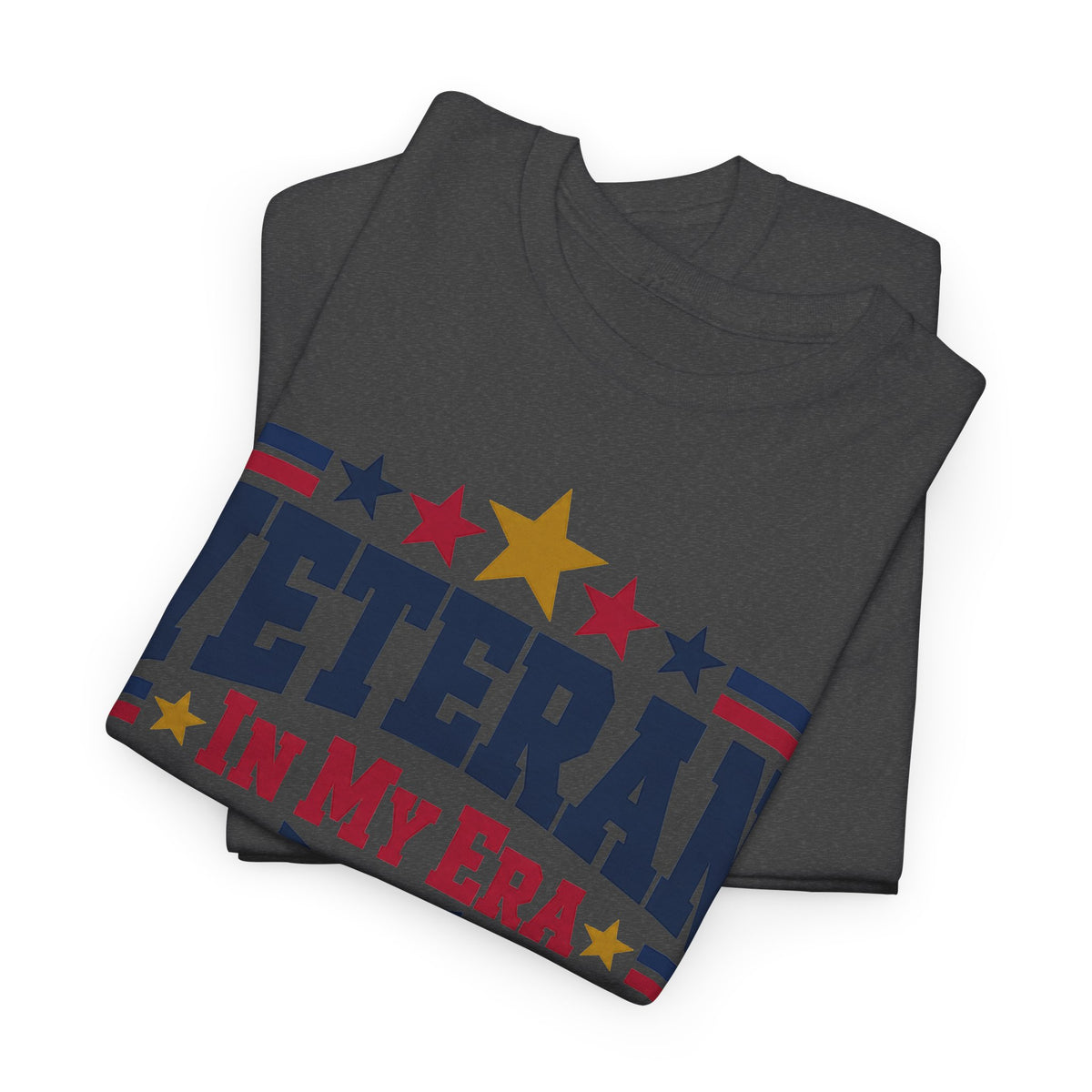 Dark gray T-shirt with patriotic star and striped graphic print across the chest