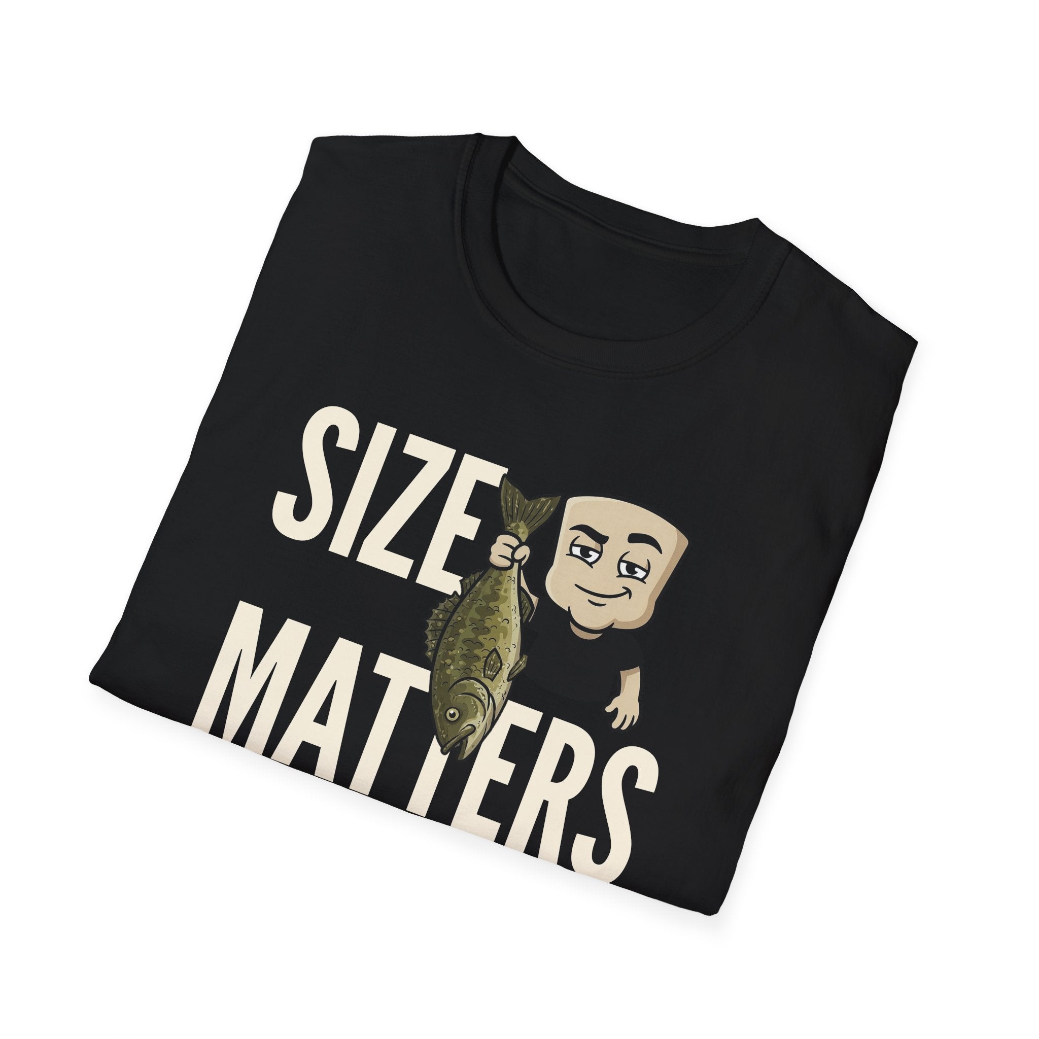 Black T-shirt with “SIZE MATTERS” text and a cartoon fisherman holding a fish.