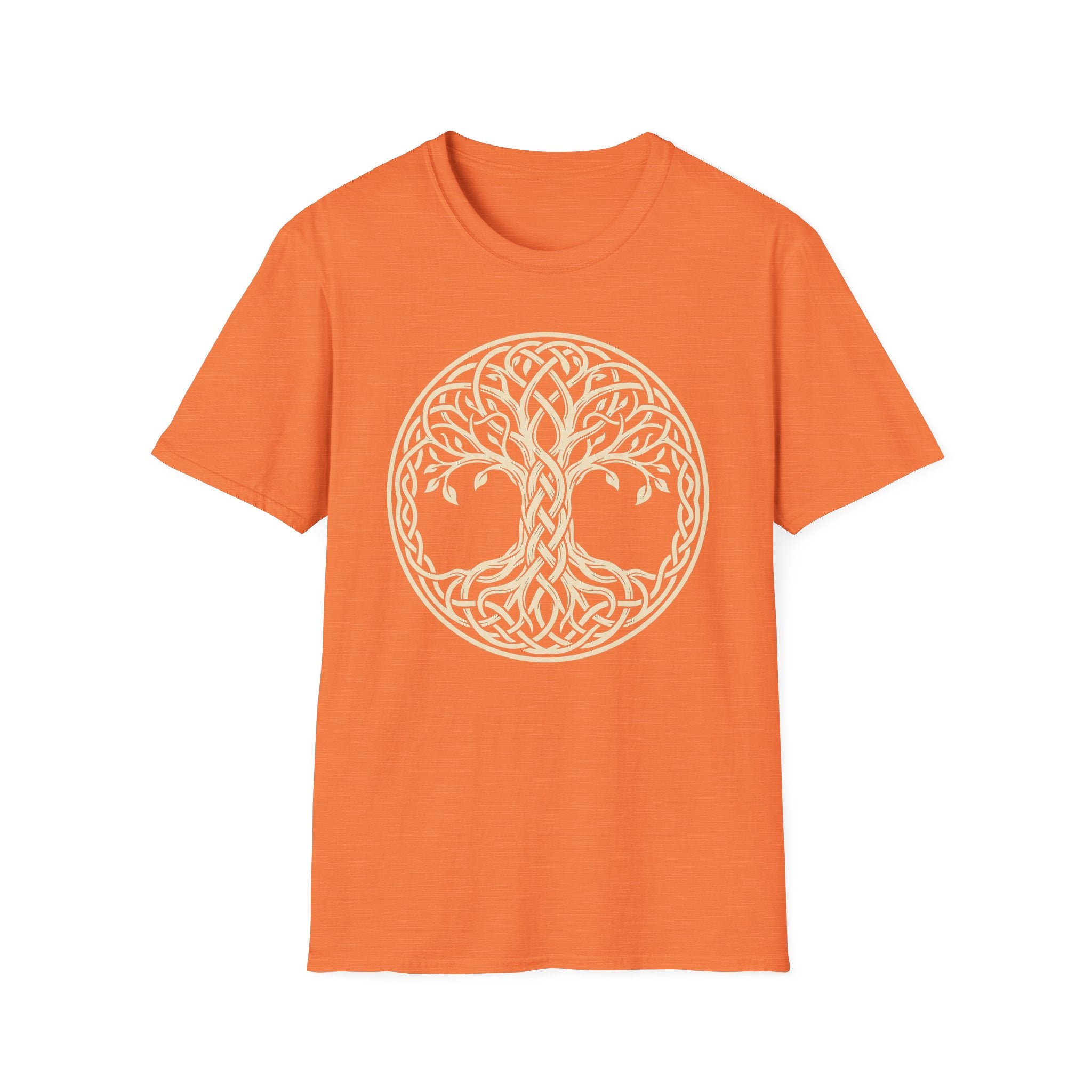 Orange T-shirt with white Celtic tree of life knotwork in a circular emblem