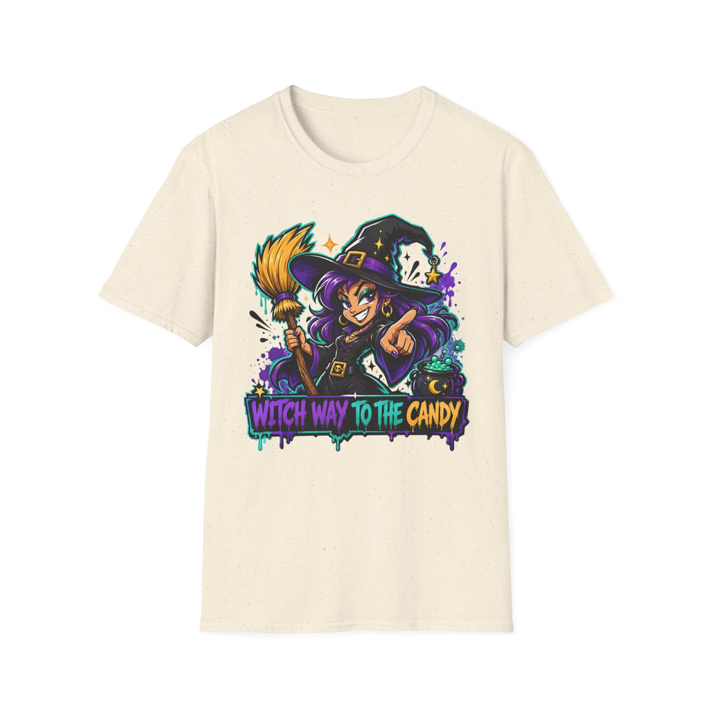 Cream Halloween T-shirt with colorful witch and candy graphic centered on the front