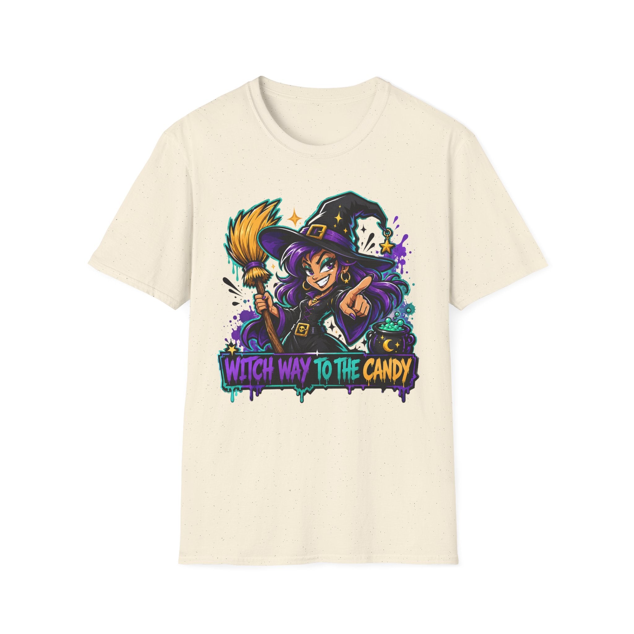 Cream Halloween T-shirt with colorful witch and candy graphic centered on the front
