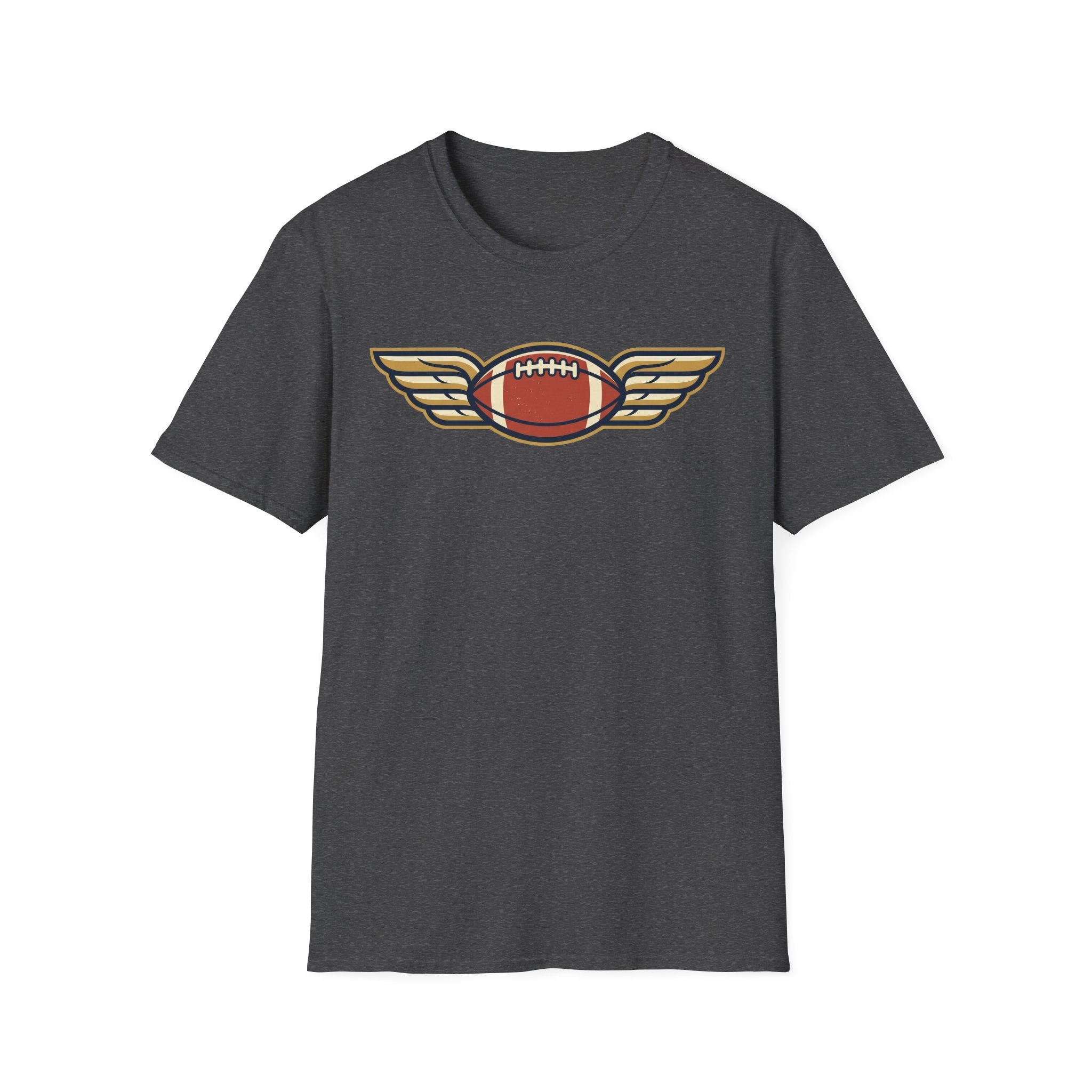 Dark gray football T-shirt with winged football graphic on chest