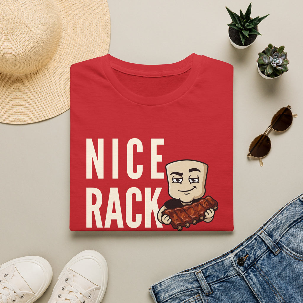 Red T-shirt with 'NICE RACK' graphic and cartoon holding ribs