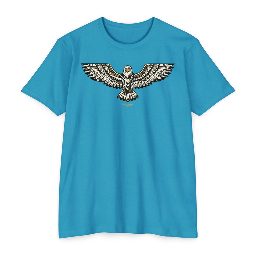 Blue T-shirt with centered owl wing illustration graphic across the chest
