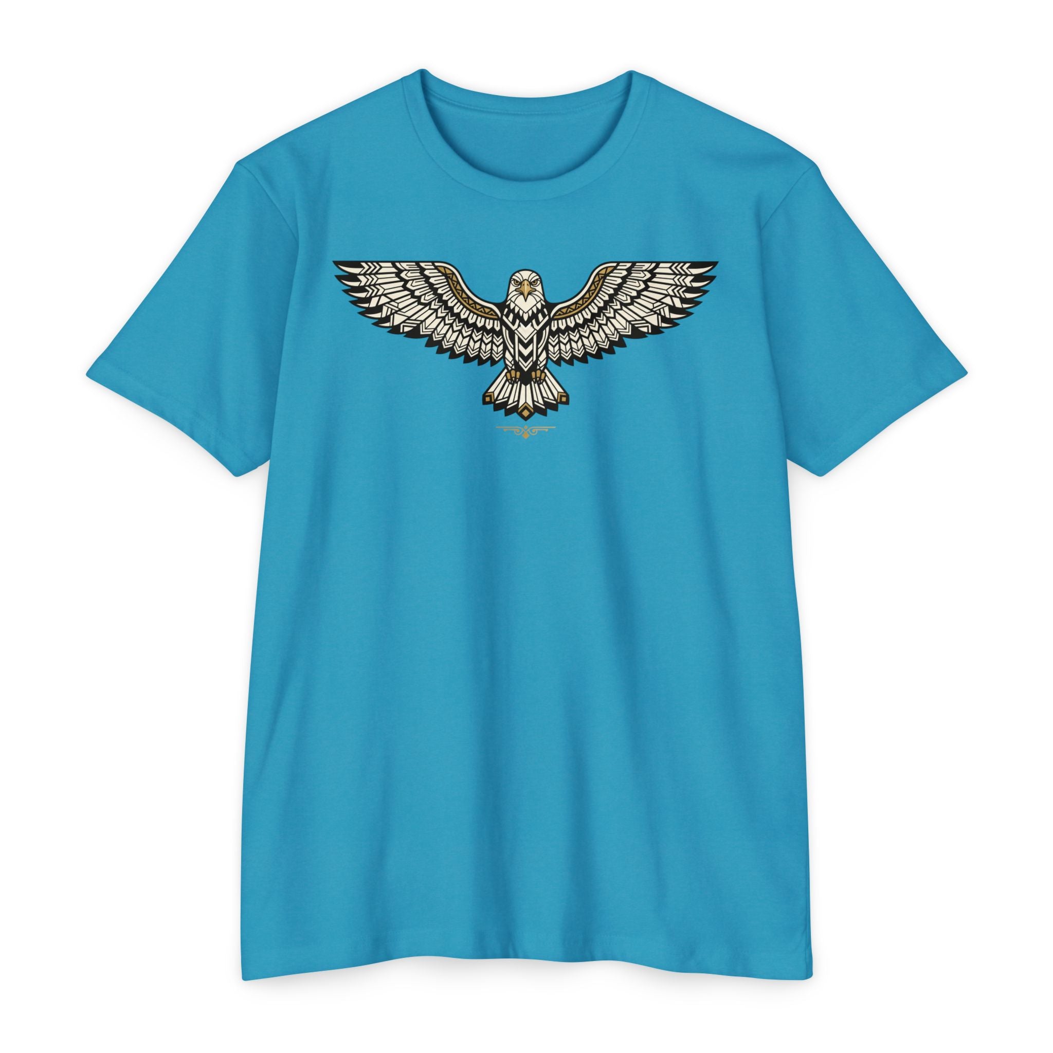 Blue T-shirt with centered owl wing illustration graphic across the chest
