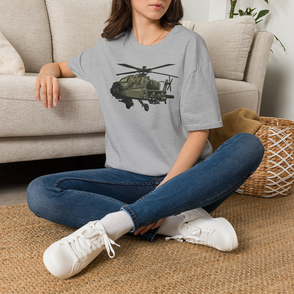 Light gray crew-neck T-shirt with dark helicopter graphic on the front