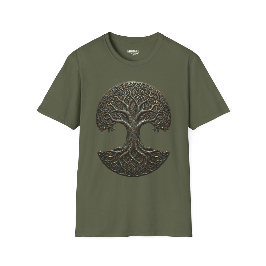 T-Shirt mit keltischem Baum-des-Lebens-Mandala-Print, dunkelgrün auf Military Green