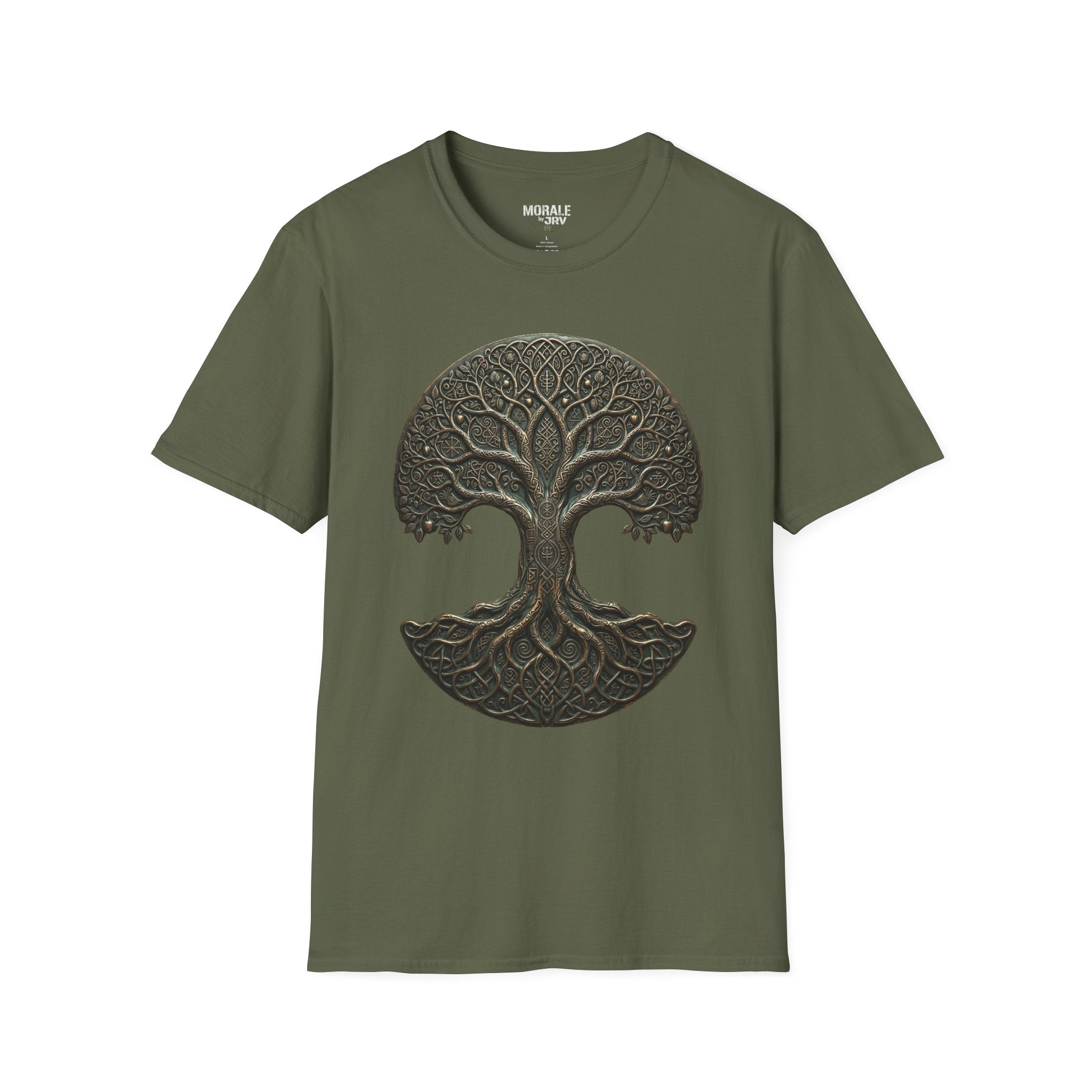 T-Shirt mit keltischem Baum-des-Lebens-Mandala-Print, dunkelgrün auf Military Green