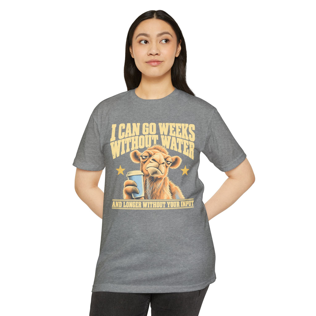 Heather gray T-shirt with centered camel coffee graphic and slogan on front