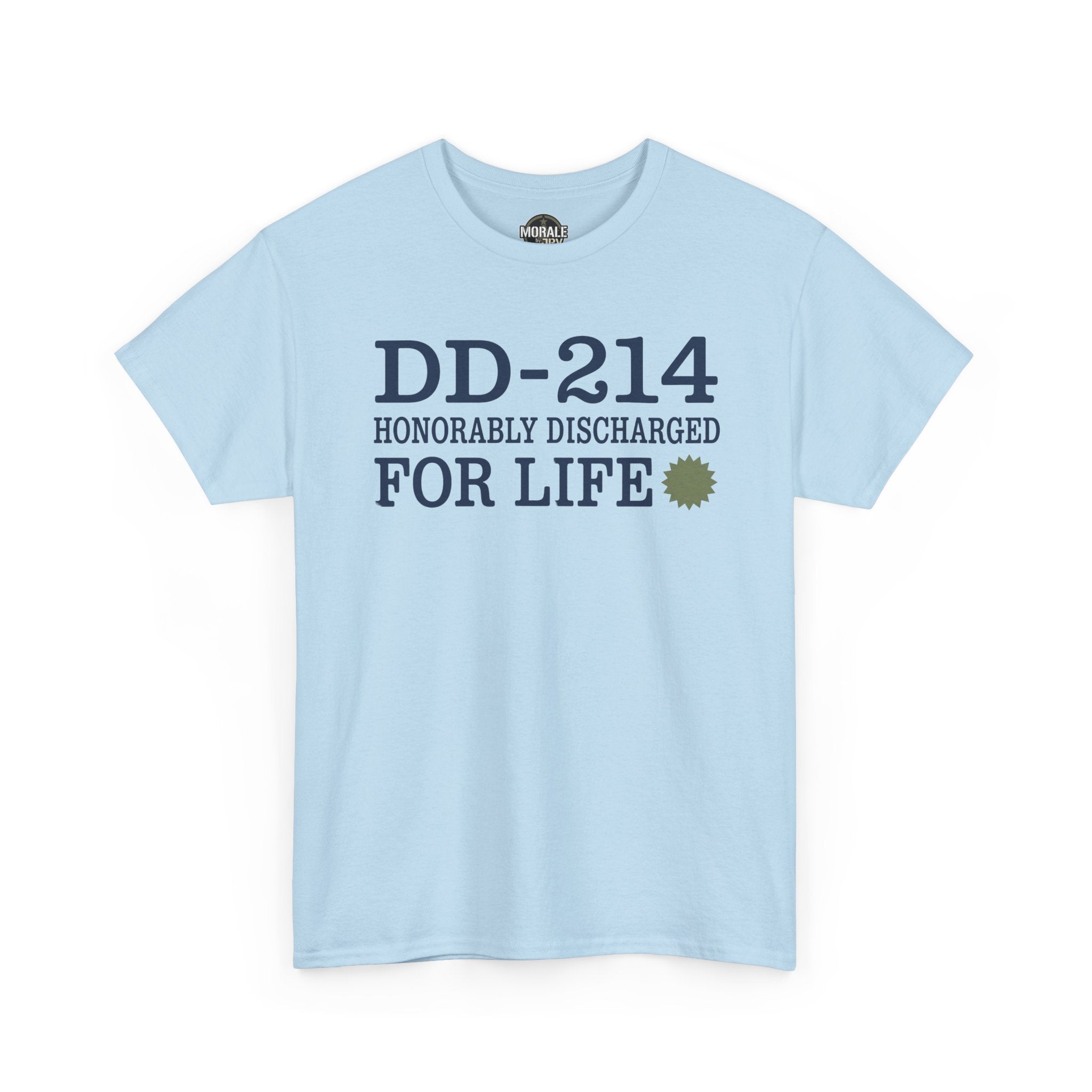 Light blue graphic T-shirt with 'DD-214 Honorably Discharged For Life' print.