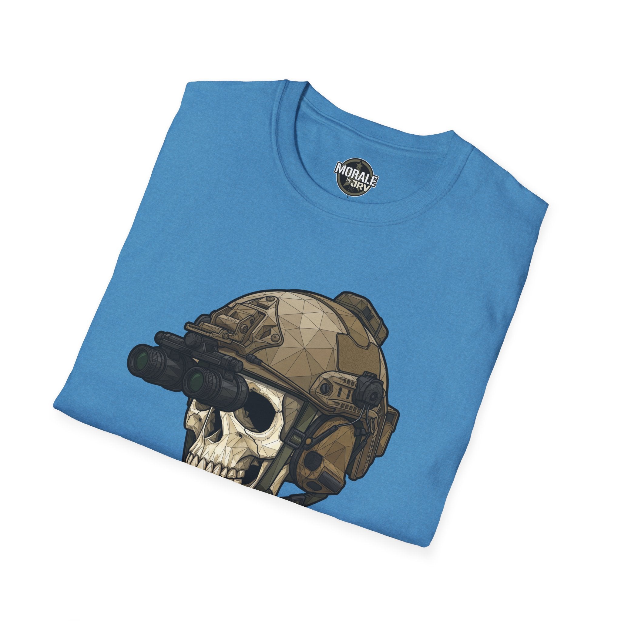 Freedom Costs T-shirt, teal with skull tactical helmet graphic and rifle scope