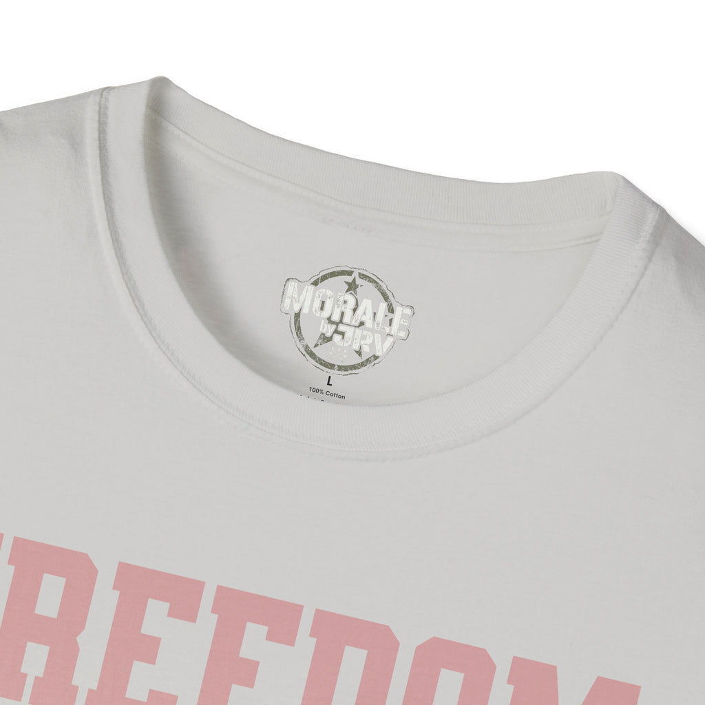 Light gray Freedom T-shirt neckline with logo and partial “Freedom” text