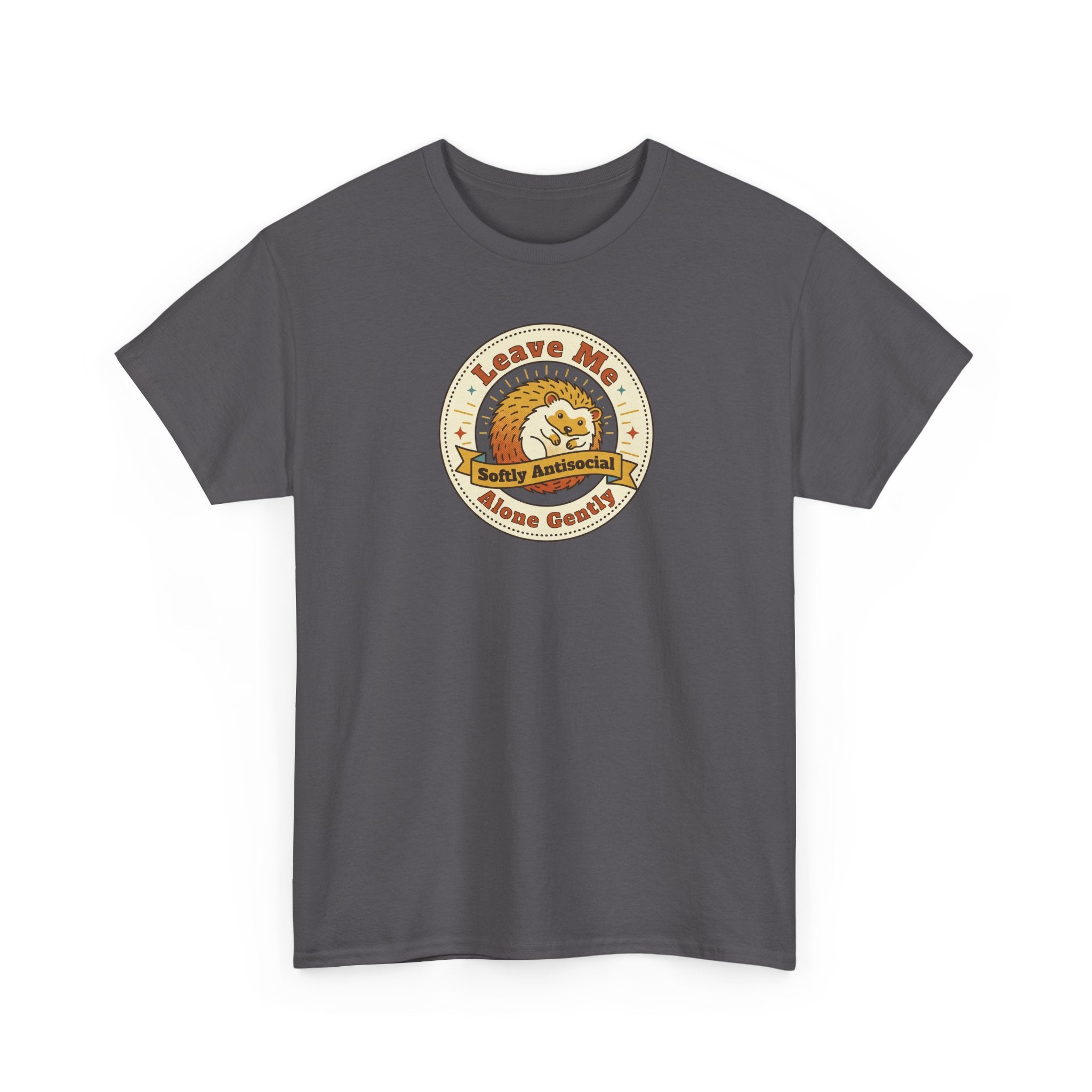 Charcoal gray graphic t-shirt with circular hedgehog logo on chest