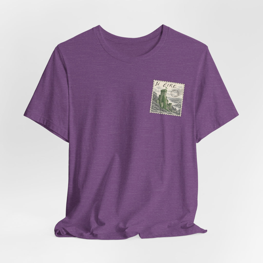 Purple short-sleeve t-shirt featuring a vintage postage stamp-style chest graphic