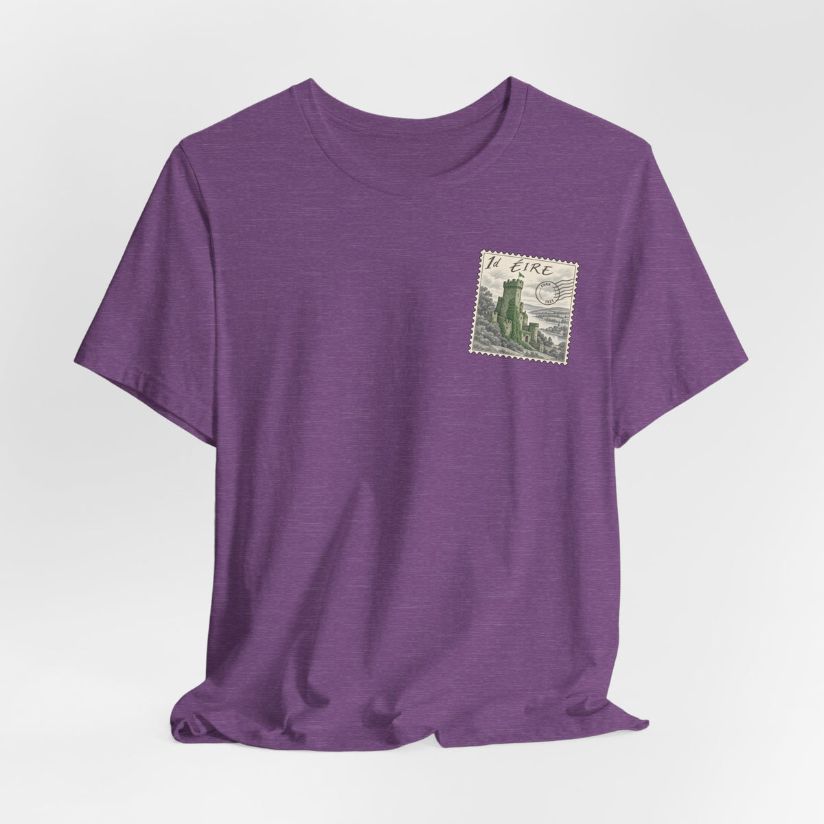 Purple short-sleeve t-shirt featuring a vintage postage stamp-style chest graphic