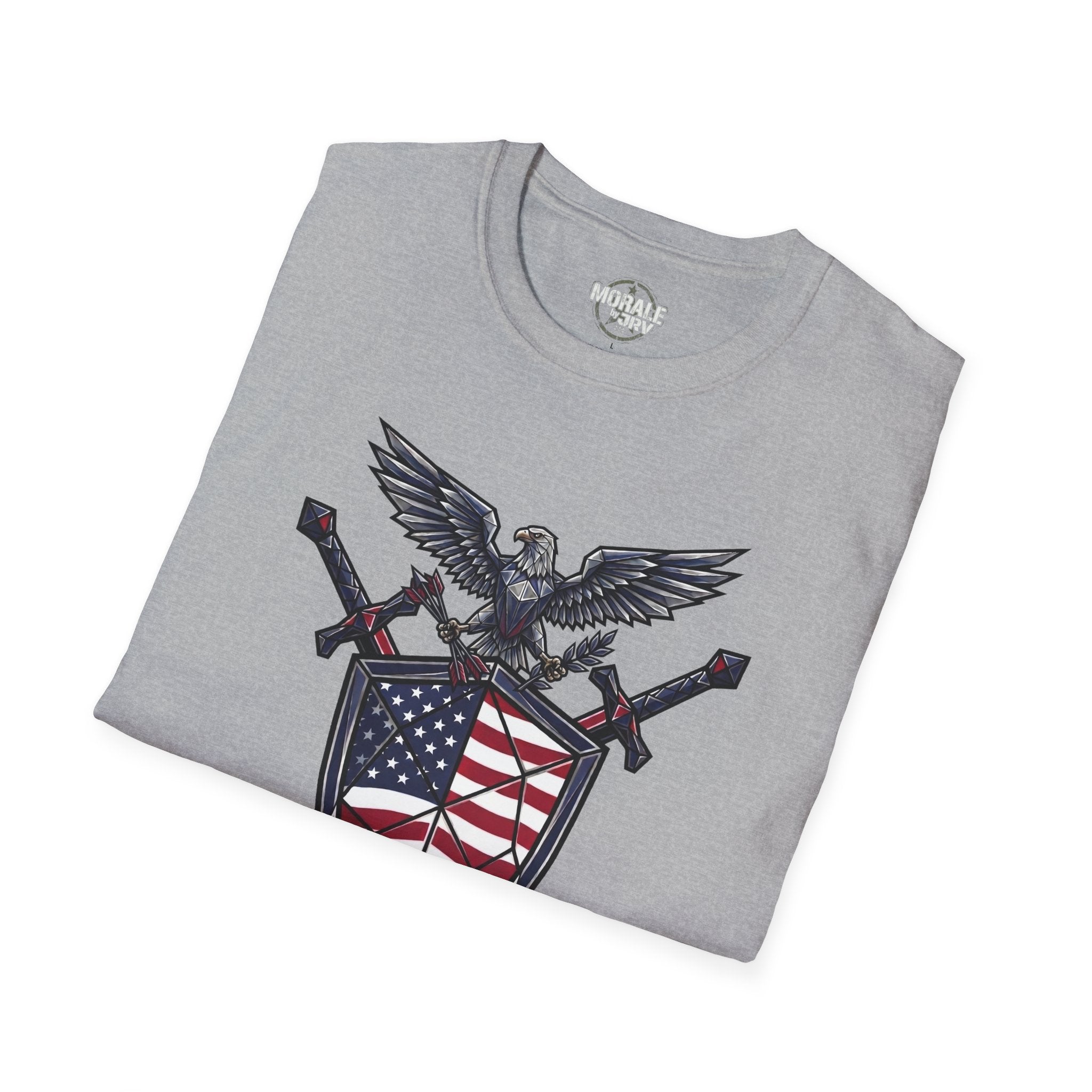 Sport grey T-shirt with patriotic eagle and crossed weapons over red white blue flag