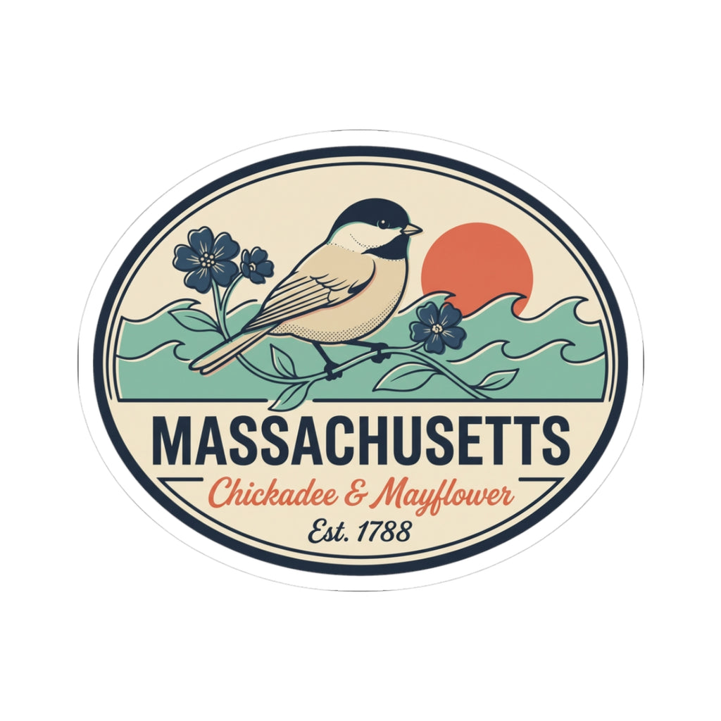 Round Massachusetts state badge vinyl sticker with chickadee, flowers, and 'Est. 1788' text