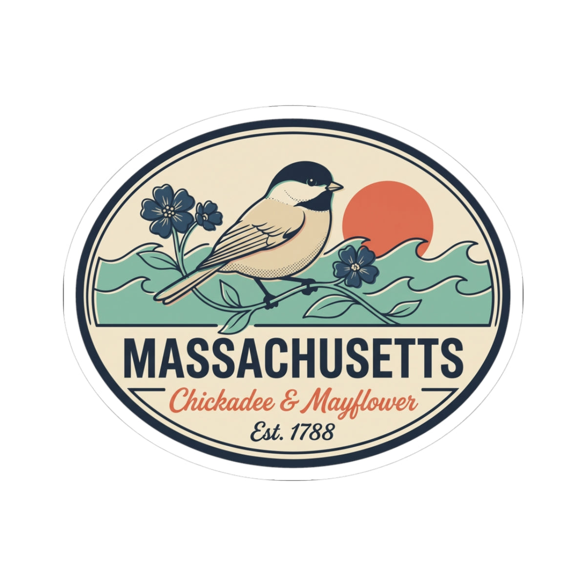Round Massachusetts state badge vinyl sticker with chickadee, flowers, and 'Est. 1788' text