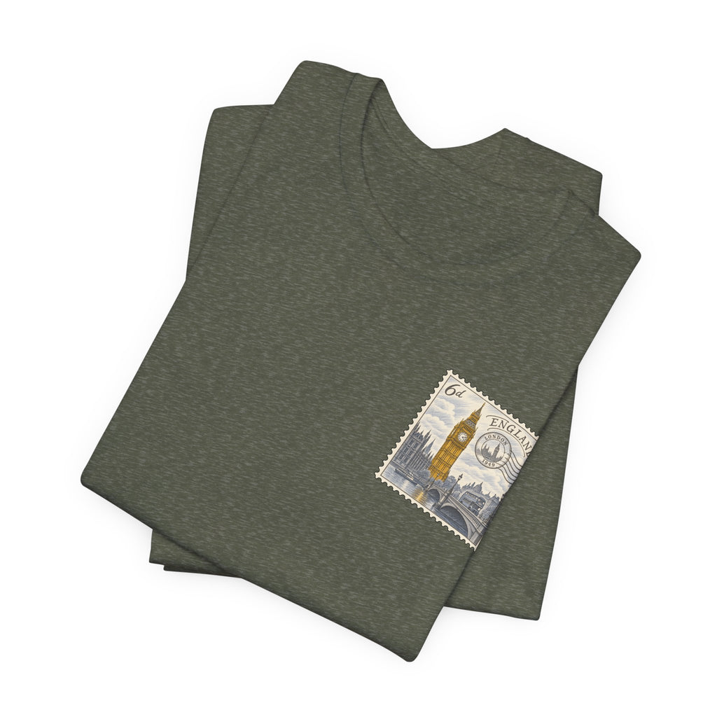 Heather dark olive T-shirt folded with small vintage postage stamp style Tower graphic