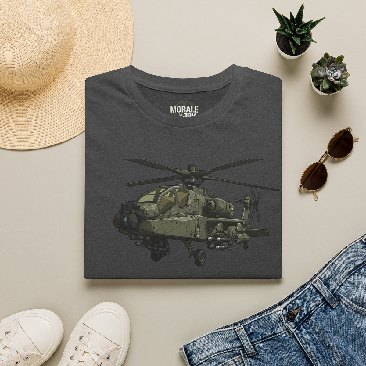 Dark gray AH-64 Apache helicopter t-shirt with front military aircraft print