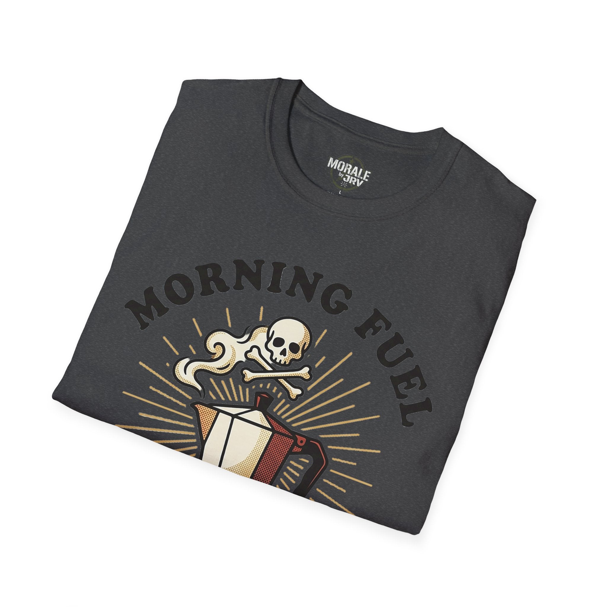Dark heather Morning Fuel T-shirt with skull-and-coffee pot artwork