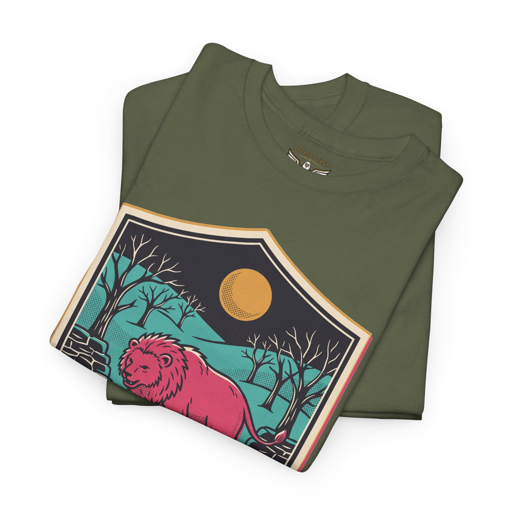 Military green t-shirt with colorful bear-in-forest graphic badge print