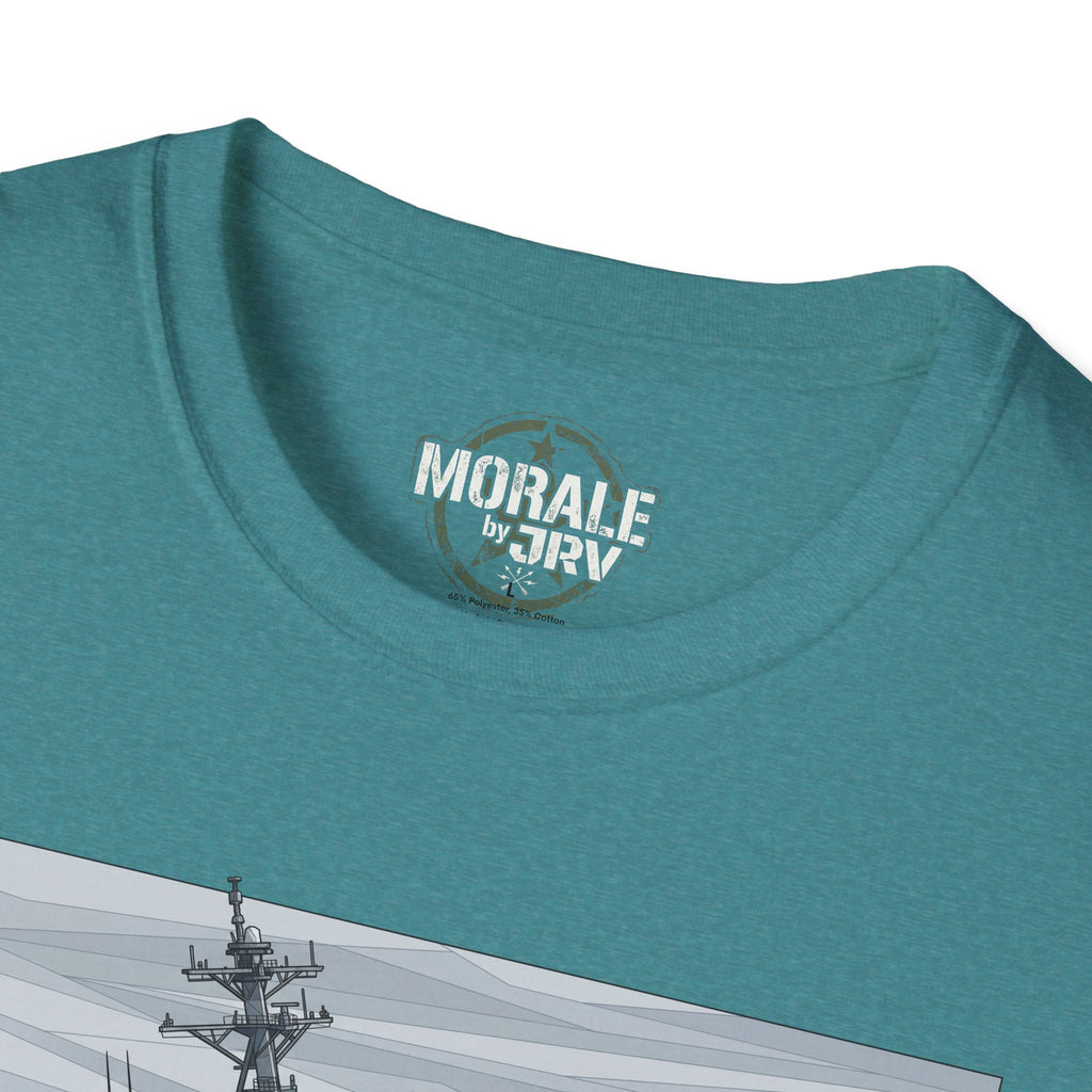 Teal T-shirt neckline with small chest logo print